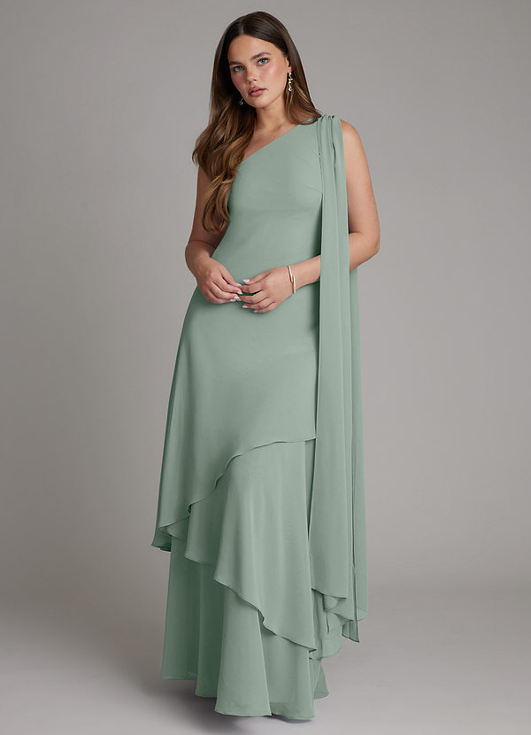 Azazie Monique Vestidos Dama de Honor Vestido de Salvia Plateada de Gasa de Corte en A con Hombro unilateral image1