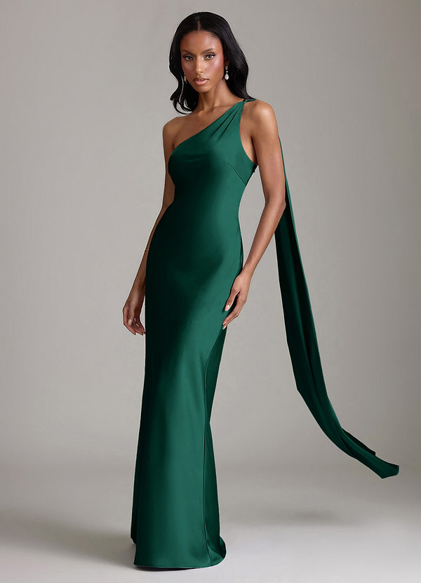 Azazie Galinda Brudtärneklänningar Klä av Sjöjungfru i Stretch Satin Ena axeln Smaragdgrön image1