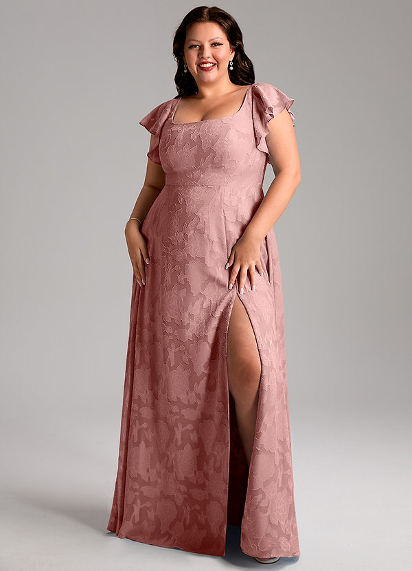 Azazie Bondi Bridesmaid Dresses Dusty Rose A-Line Side Slit Floral Burnout Dress image1