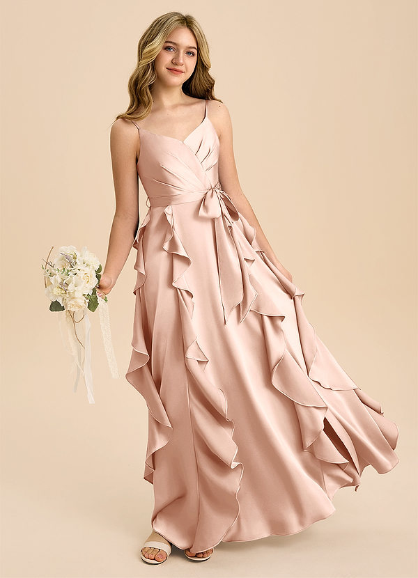 Azazie Peyton Junior Robe Trapèze en Satin extensible Plissée Or Rose image1