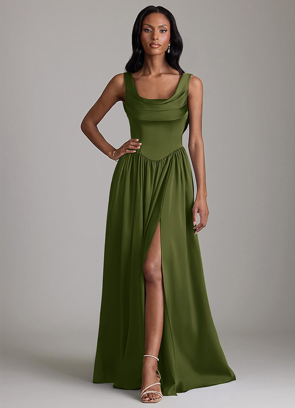 Novi Bridesmaid Dresses Bright Olive A-Line with Pockets Stretch Satin Dress image1