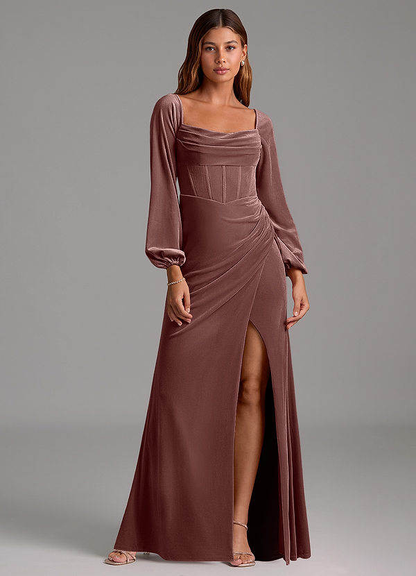 Azazie Charissa Abiti da Damigella Abito Tubino in Velluto Manica Lunga Espresso image1