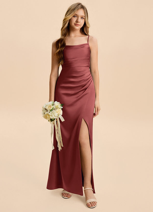 Azazie Minnie Junior Terracotta Sheath Ruched Stretch Satin Dress image1