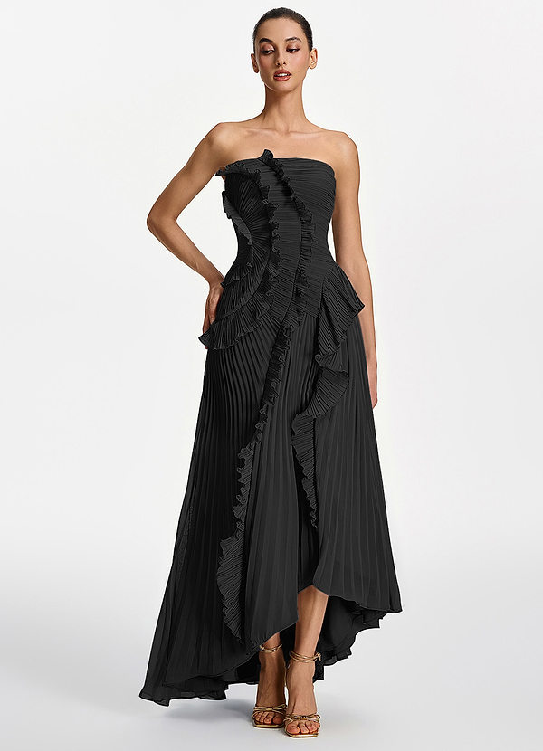Chrysanthe Schwarz Trägerloses Plissee-Chiffon-Maxikleid image1