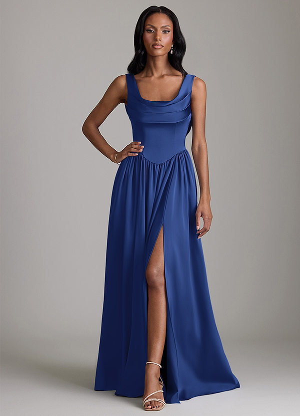 Azazie Novi Bridesmaid Dresses Royal Blue A-Line with Pockets Stretch Satin Dress image1