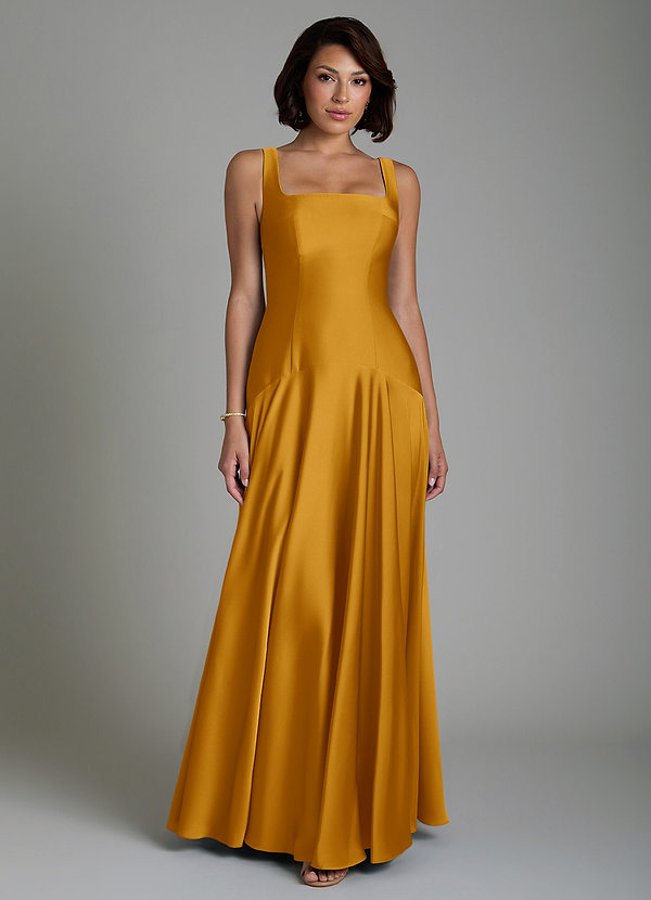 Azazie Reina Bridesmaid Dresses Butterscotch A-Line Pleated Stretch Satin Dress image1