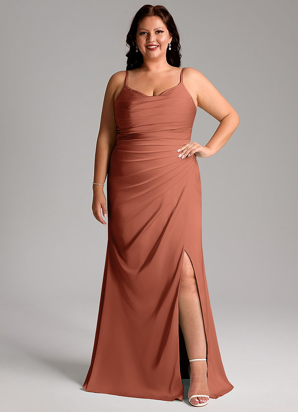 Azazie Deandra Bridesmaid Dresses Clay Mermaid Pleated Stretch Satin Dress image1