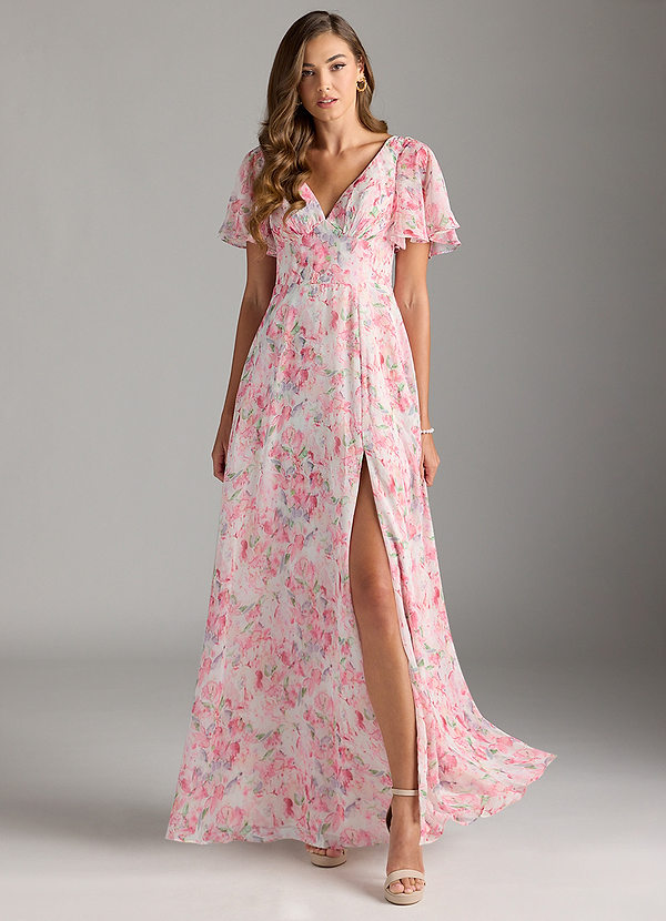 Azazie Kimber Bridesmaid Dresses Abstract Watercolor Floral A-Line Flounce Sleeve Chiffon Dress image1