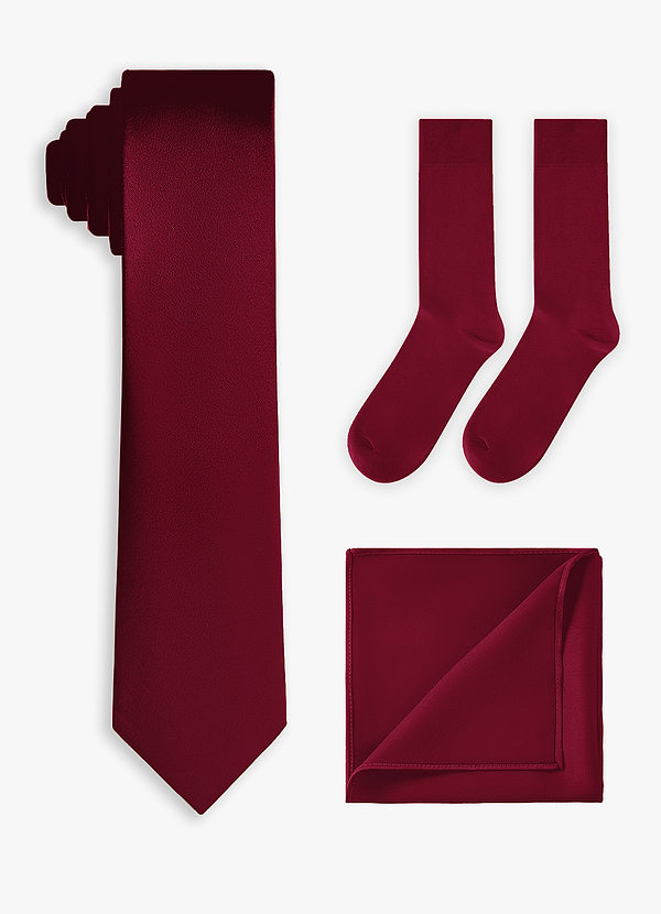 front Set coordinato di cravatta sottile in raso elasticizzato, fazzoletto da taschino e calzini