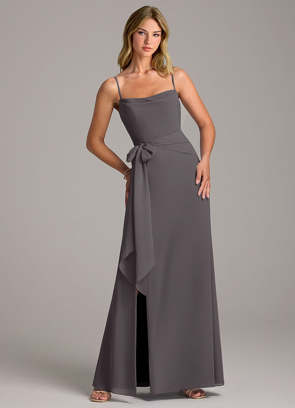 Azazie Tahlia Bridesmaid Dresses Steel Grey A-Line with Belt Chiffon Dress image1