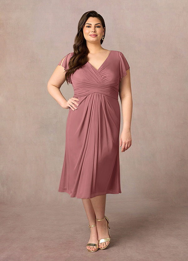 Azazie Vera Vestidos de Madre de la Novia Vestido de Rosa Del Desierto de Malla de Corte En A con Cuello en V plisado image1