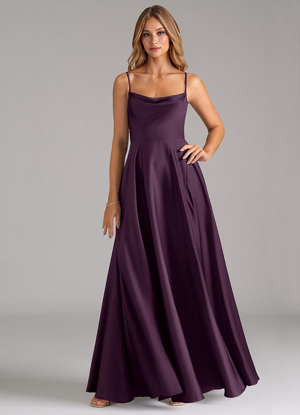 Azazie Elle Bridesmaid Dresses Plum A-Line Pleated Stretch Satin Dress image1