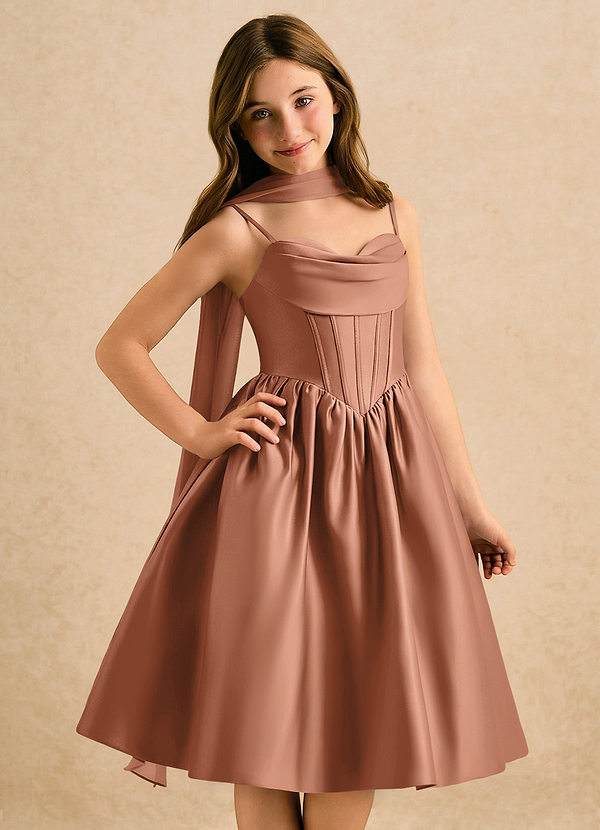 Azazie Shona Girls Formal Bloemenmeisjes Jurken A-Lijn Jurk van Mat Satijn Sweetheart Halslijn Bronzeertint image1