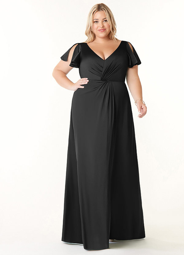 Azazie Soren Bridesmaid Dresses Black Flowy Pleated Stretch Satin Dress image1