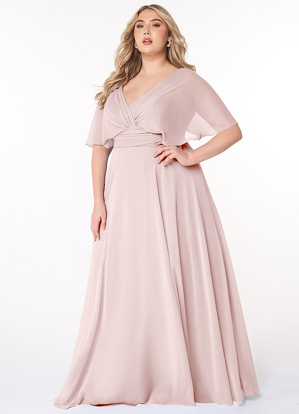 Azazie Pamela Robes Demoiselle d'honneur Robe Trapèze en Mousseline de soie Col V plissé Rose Pâle image1