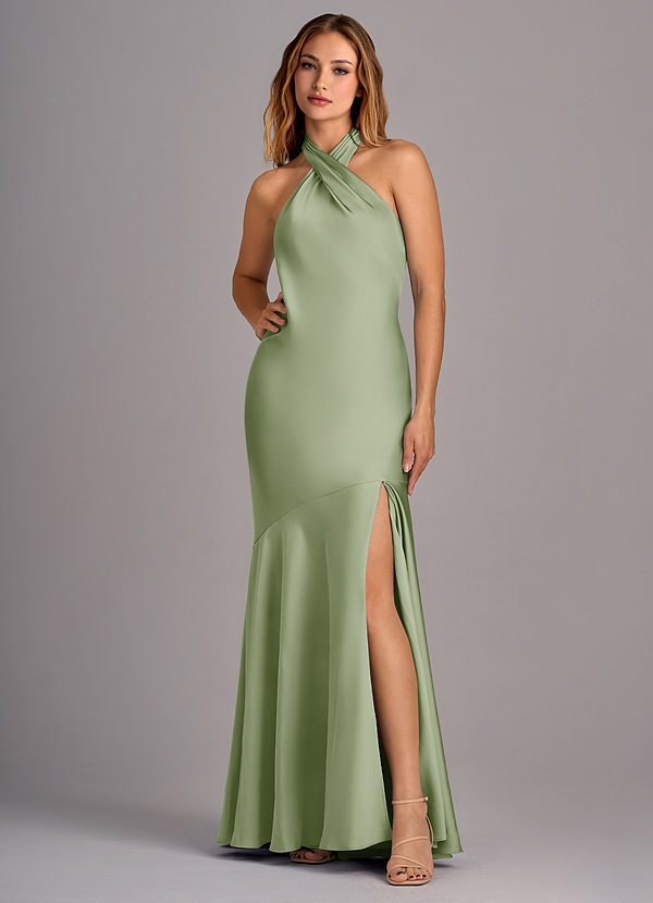 Azazie Lorena 신부 들러리 드레스 인어 주름진 스트레치 새틴 바닥 길이 드레스 image1