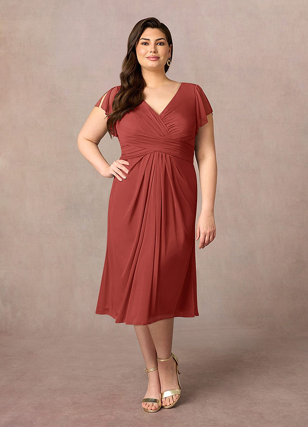Azazie Vera Robe Mère de la Mariée & du Marié Robe Trapèze en Maille Col V plissé Terracotta image1