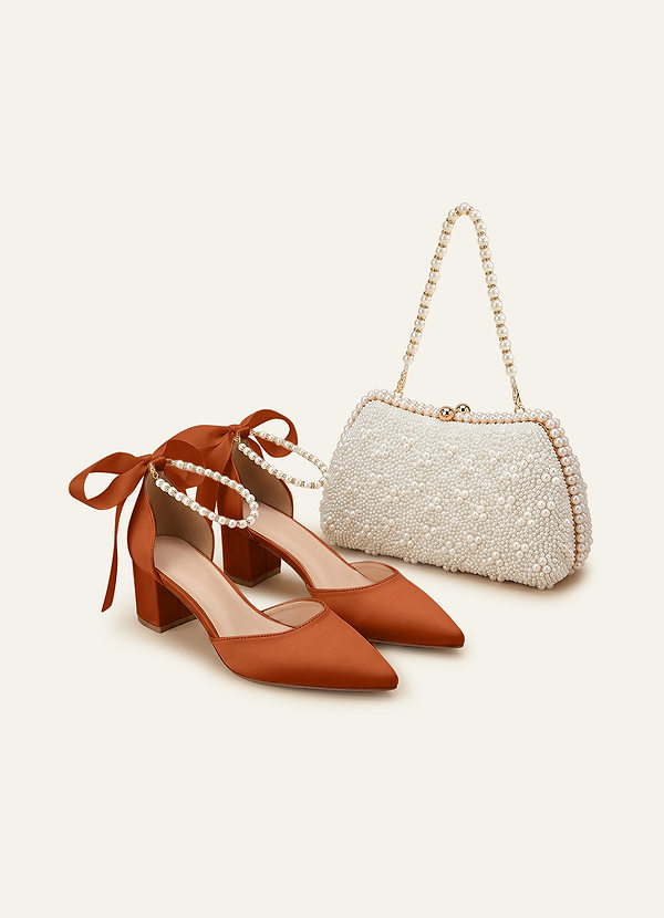 front Matching Color Matte Satin Pearl and Bow Pointed Toe Block Heels & Beaded Clutch Set
