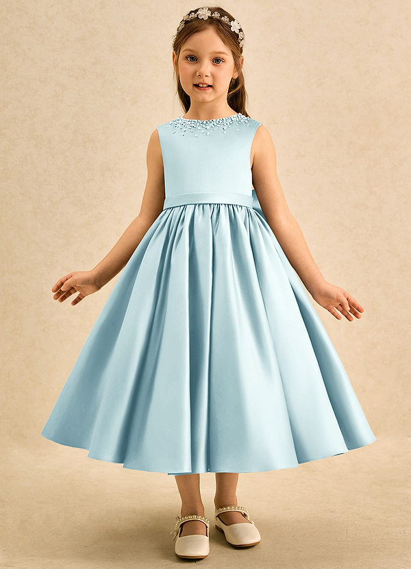 Azazie Doodle Flower Girl Dresses Sea Glass Ball-Gown Bow Matte Satin Dress image1