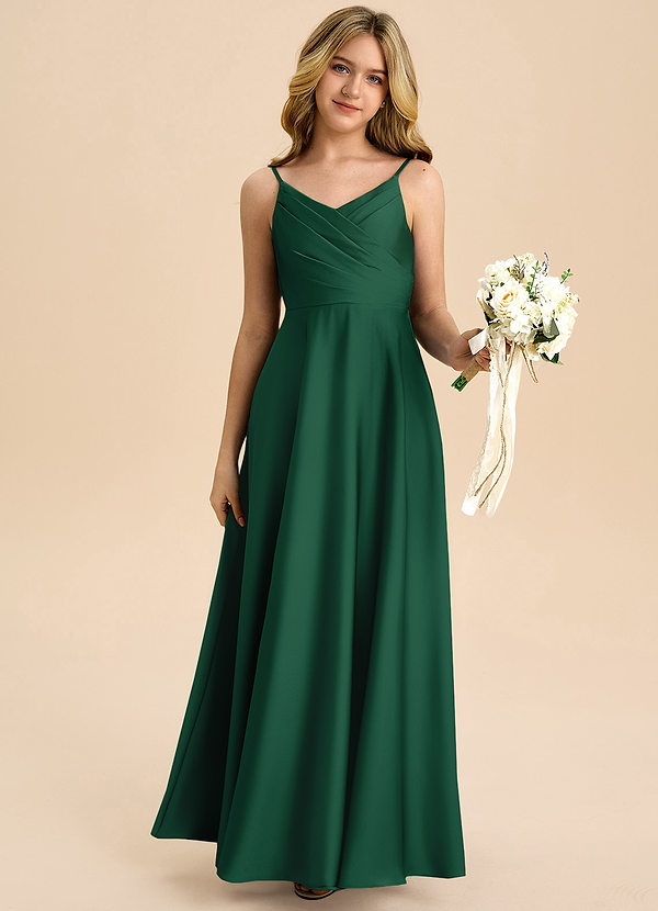 Azazie Bug Junior Dark Green A-Line Pleated Stretch Satin Dress image1