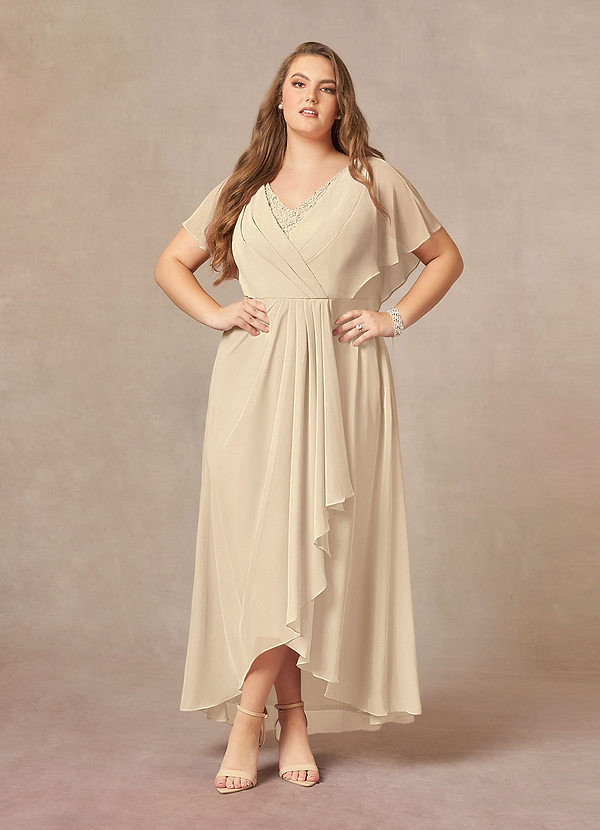 Azazie Eliza Mother of the Brides Dresses Champagne A-Line V-Neck Pleated Chiffon Dress image1