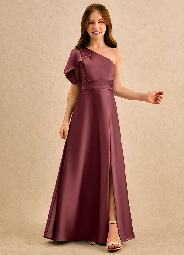Azazie Jazzy Girls Formal Flower Girl Dresses Merlot A-Line One Shoulder Stretch Satin Dress image1