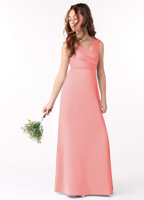 Azazie Sadia Junior Vestido de Coral de Satin Mate de Corte En A con Plisado image1