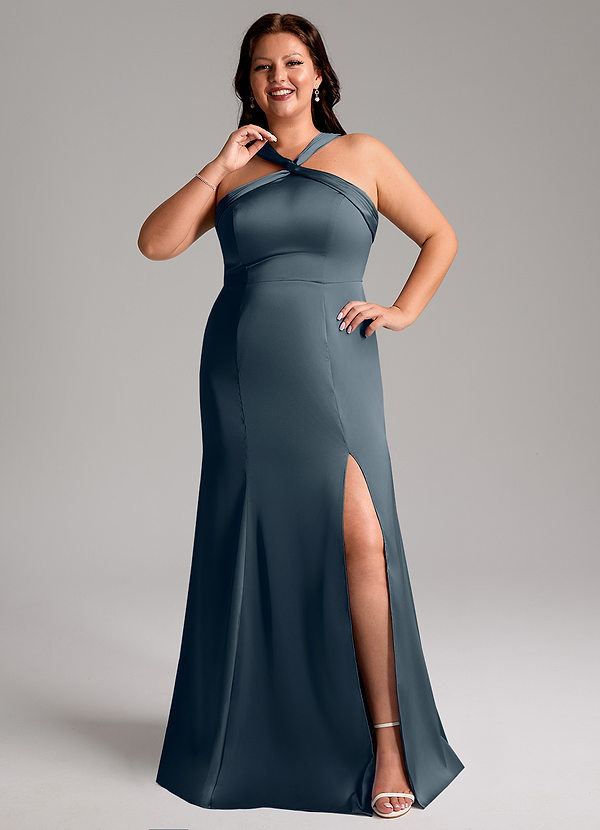 Azazie Rue Robes Demoiselle d'honneur Robe Trapèze en Satin extensible Plissée Violet Crépusculaire image1