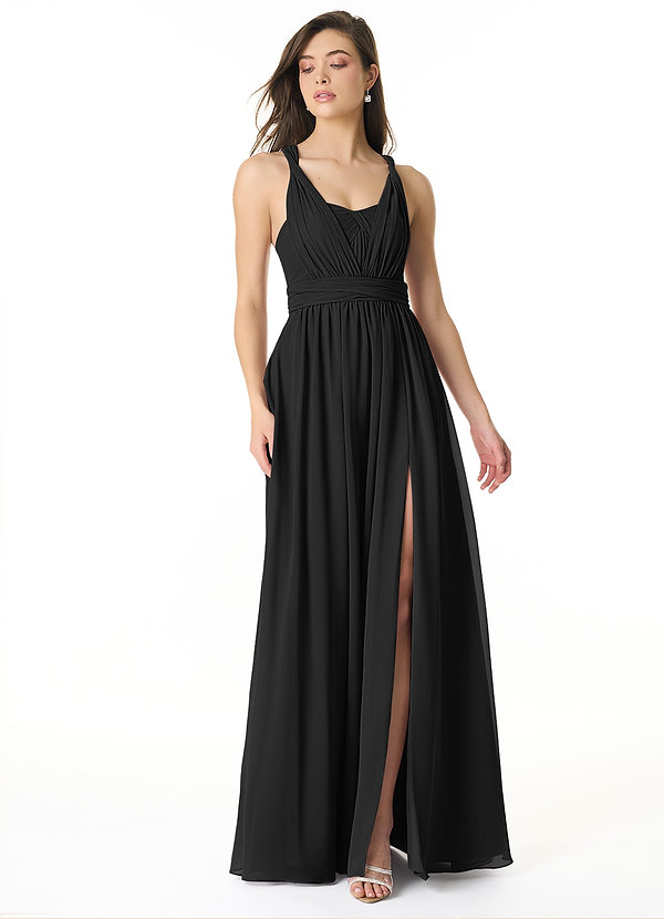 Azazie Olani Bridesmaid Dresses Black A-Line Off the Shoulder Chiffon Convertible Dress image1