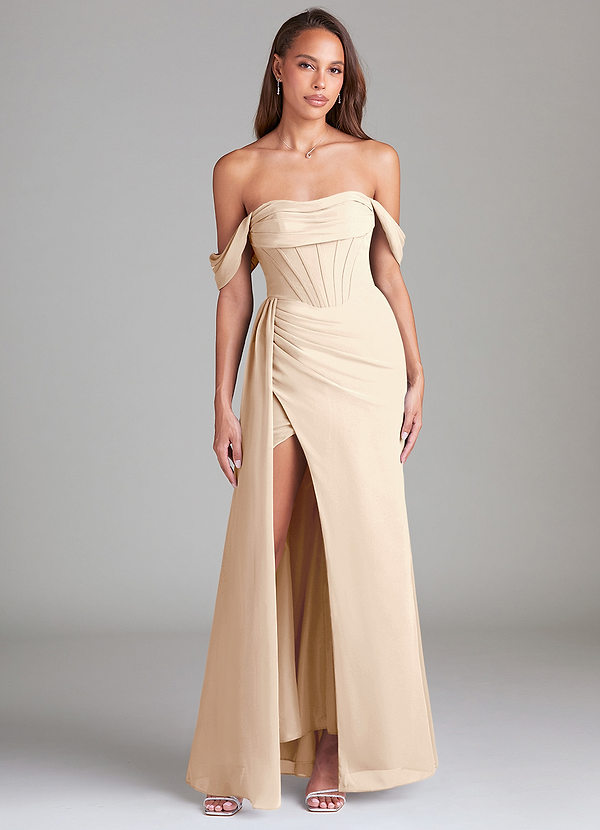Azazie Amyra Bridesmaid Dresses White Alabaster Sheath Off the Shoulder Chiffon Convertible Dress image1