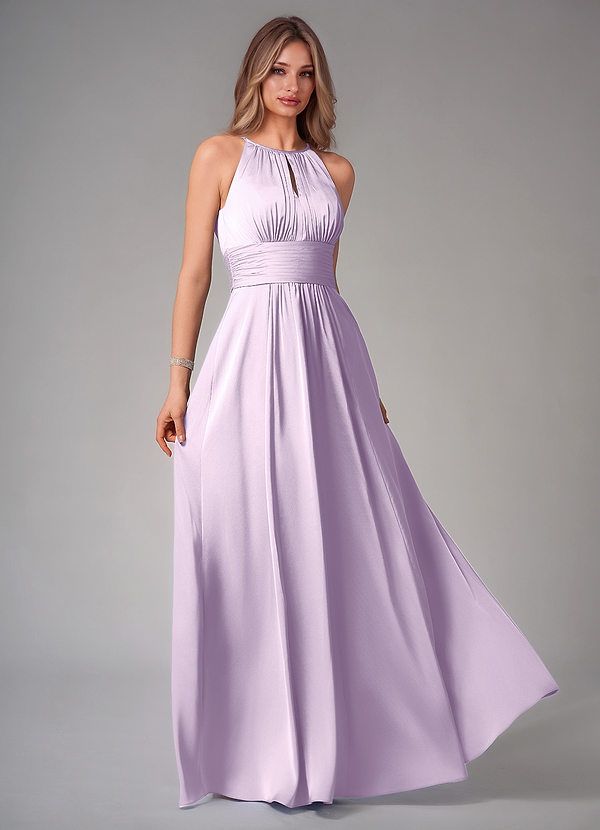 Azazie Bonnie Bridesmaid Dresses Frosted Lilac A-Line Pleated Stretch Satin Dress image1