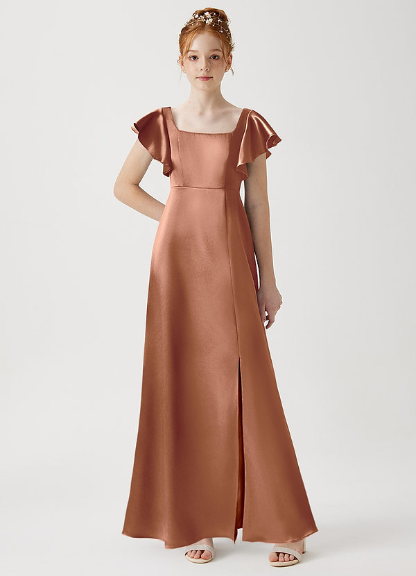 Azazie Bondi Junior Bronzer A-Line Side Slit Metallic Satin Dress image1
