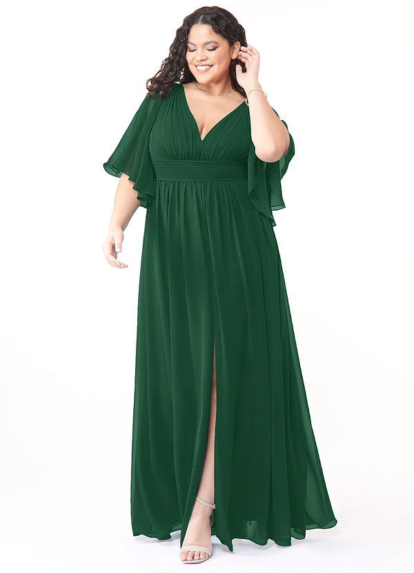 Azazie Temeka Bridesmaid Dresses Dark Green Flowy Ruched Chiffon Dress image1