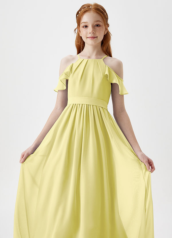 Azazie Chaya Junior Lemon Sorbet A-Line Off the Shoulder Chiffon Dress image1