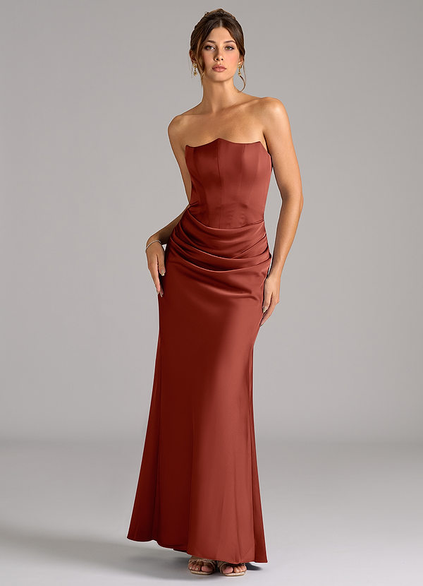 Azazie Debby Bruidsmeisjes Jurken Converteerbaar Jurk van Stretch Satijn met Zeemeermin Strapless Terracotta image1