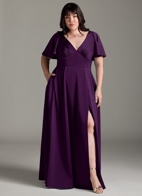 Azazie Kimber Brudtärneklänningar Klänning av A-Line i Stretch Satin Ruched Druva image1