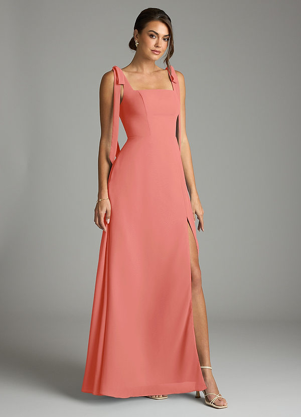 Azazie Debra Bridesmaid Dresses Salmon Pink A-Line with Pockets Chiffon Convertible Dress image1