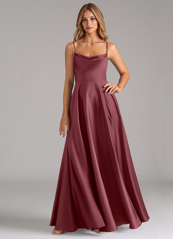 Azazie Elle Bridesmaid Dresses Desert Rose A-Line Pleated Stretch Satin Dress image1