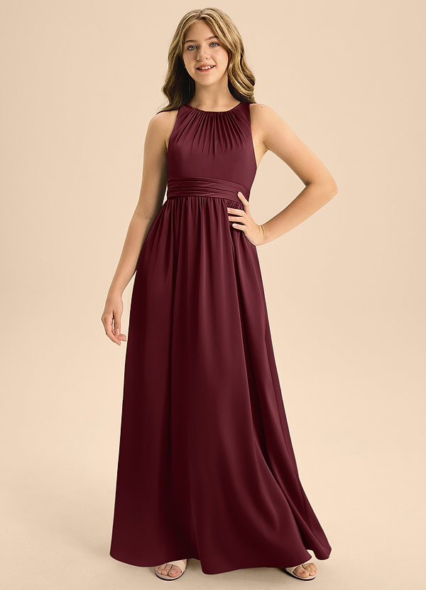 Azazie Jaylah Junior Abito A-Line in Raso Elasticizzato Plissettato Cabernet image1