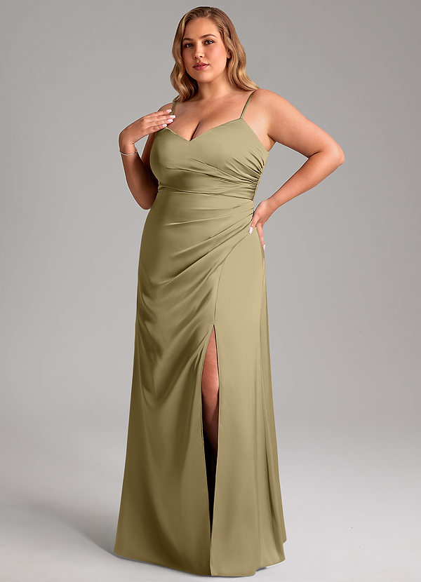 Azazie Azuree Vestidos Dama de Honor Vestido de Musgo Verde de Satén Elástico de Corte en A con Plisado image1