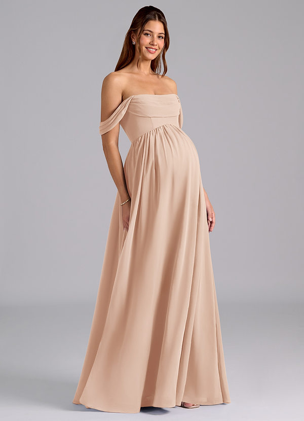 Azazie Saige Robes de demoiselle d'honneur maternité Robe Trapèze Plissé Longueur ras du sol Mousseline de soie image1