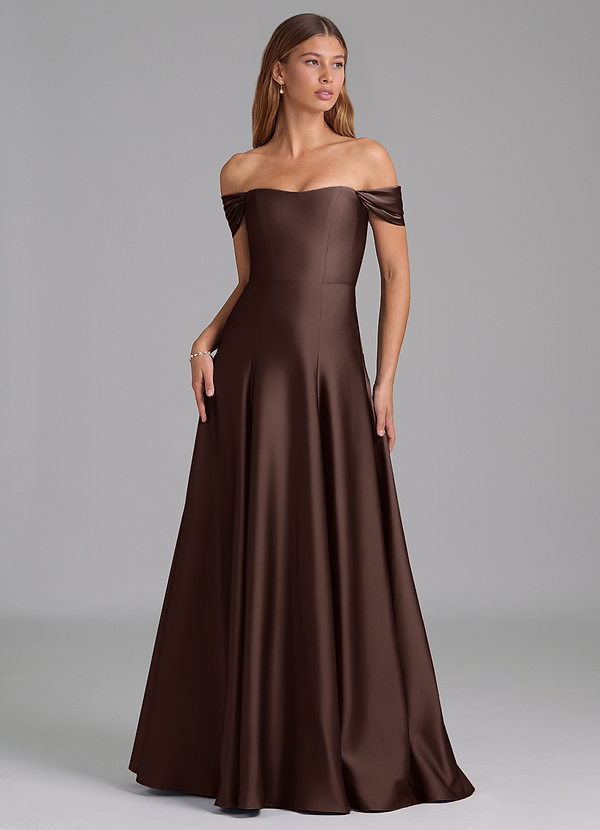 Azazie Seriana Suknie dla druhen Linia A Zza ramienia Satyna elastyczna Do ziemi Sukienka image1