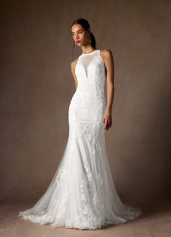 Azazie Sheila Robe de Mariée Robe Sirène en Tulle Paillettes Blanc De Diamant image1