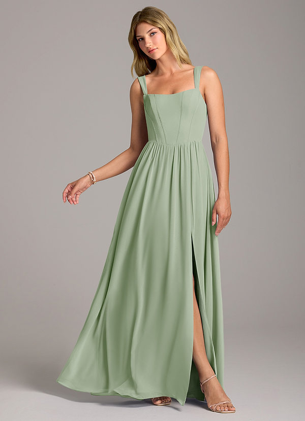 Azazie Rosaline Bridesmaid Dresses Dusty Sage A-Line Side Slit Chiffon Dress image1