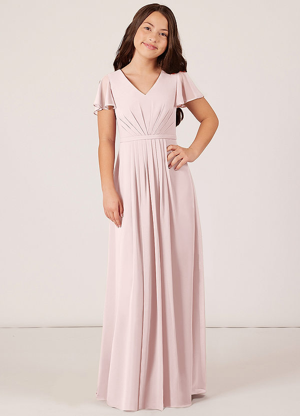 Azazie Peony Junior Robe Trapèze en Mousseline de soie Plissée Rose Pâle image1