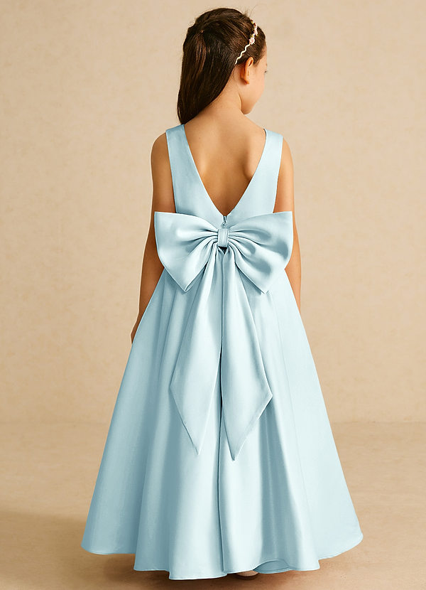 Azazie Pipsy Flower Girl Dresses Vestir Vidro Marinho de Cetim fosco de Linha A com Arco image1