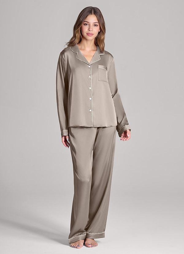 front Taupe Satijnen pyjamaset met lange mouwen en broek