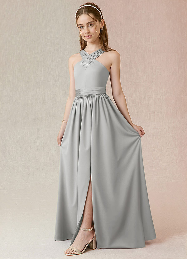 Azazie Jiya Junior Vestido de Plata de Satén Elástico de Corte En A con Plisado image1