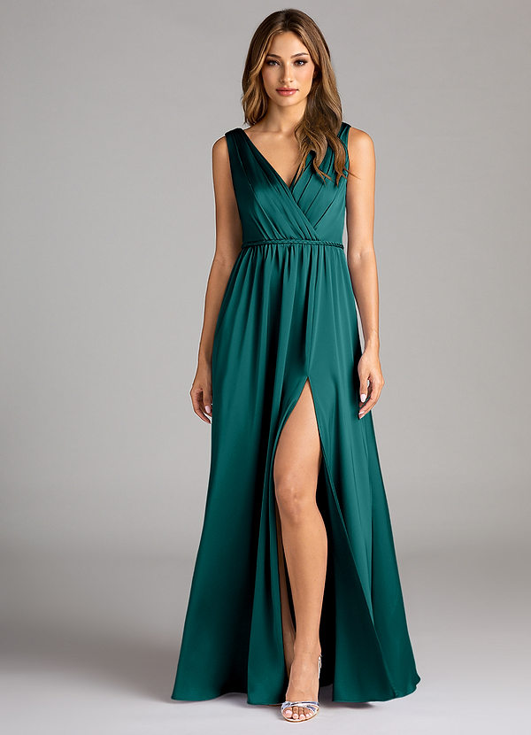 Azazie Tanicia Bridesmaid Dresses Peacock A-Line Pleated Stretch Satin Dress image1