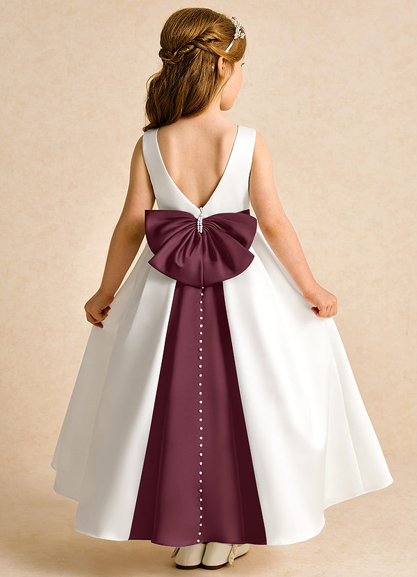 Azazie Cherry Flower Girl Dresses Ivory Cabernet Ball-Gown Pleated Matte Satin Dress image1